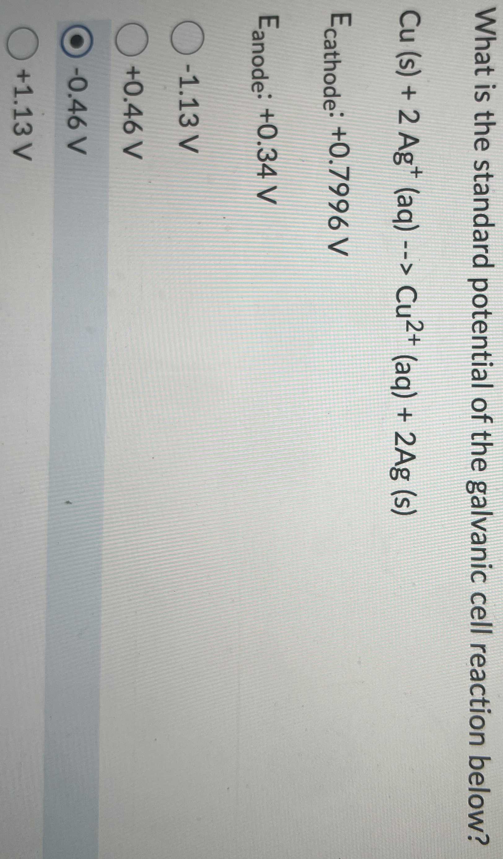 Solved What is the standard potential of the galvanic cell | Chegg.com