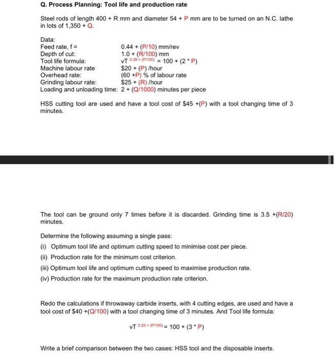 Solved Q. Process Planning Tool life and production rate