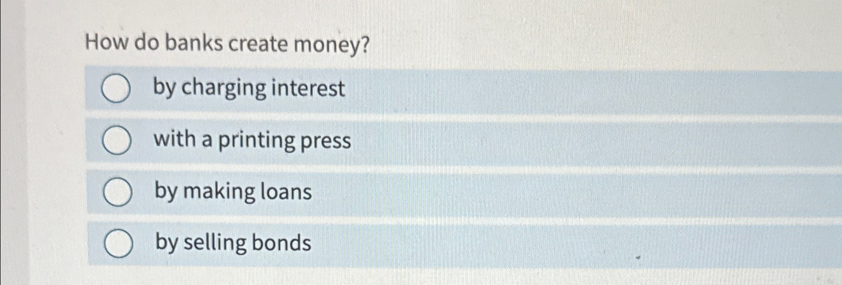 Solved How do banks create money?by charging interestwith a