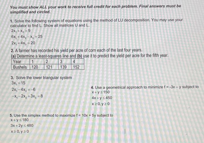 Solved You must show ALL your work to receive full credit | Chegg.com