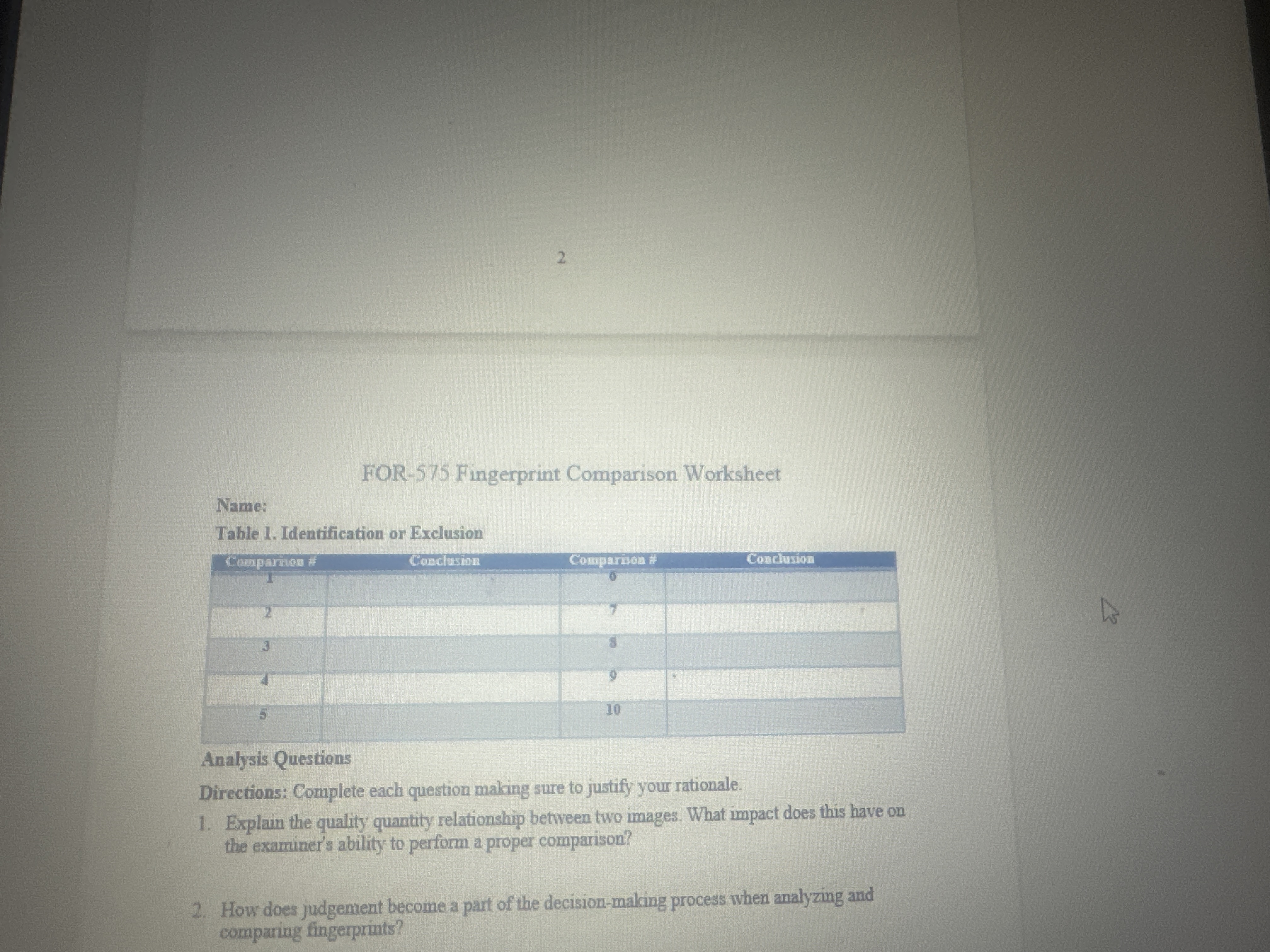 Solved For 575 ﻿fingerprint comparison worksheet table 1 | Chegg.com