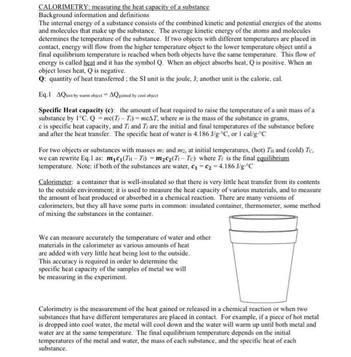 Solved CALORIMETRY: measuring the heat capacity of a | Chegg.com