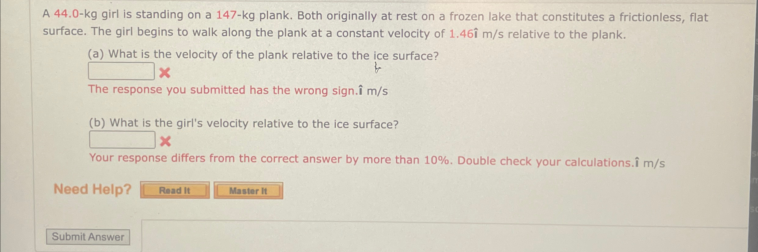 Solved A 44.0-kg ﻿girl is standing on a 147-kg ﻿plank. Both | Chegg.com