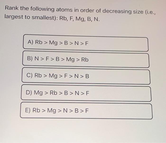 Solved Rank The Following Atoms In Order Of Decreasing Size | Chegg.com