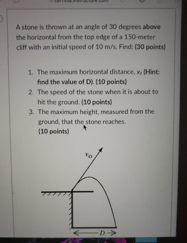 Solved A stone is thrown at an angle of 30 degrees above the | Chegg.com