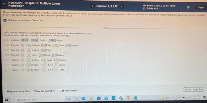 Solved III Save Homework: Chapter 8: Multiple Linear | Chegg.com
