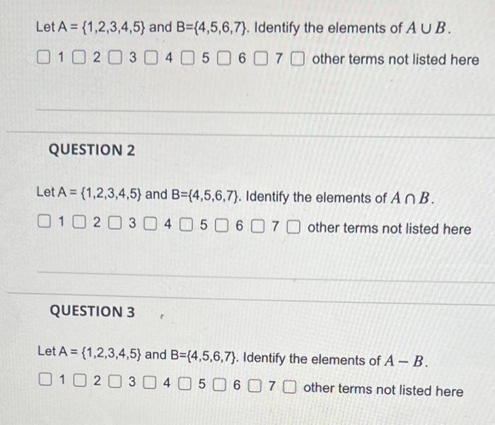 Solved Let A={1,2,3,4,5} And B={4,5,6,7}. Identify The | Chegg.com