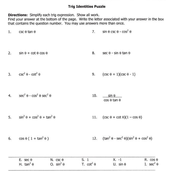 Solved Trig Identities Puzzle Directions Simplify Each Trig 6246