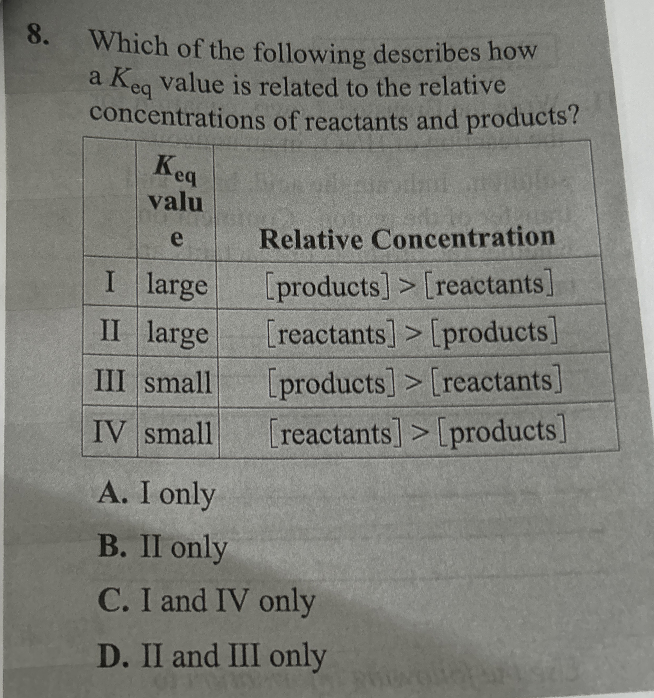 Solved Which of the following describes how a Keq ﻿value is | Chegg.com