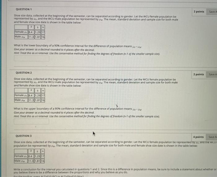 Solved 2 points Save Answer QUESTION 1 Shoe size data | Chegg.com