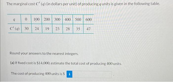 Solved The marginal cost C′(q) (in dollars per unit) of | Chegg.com