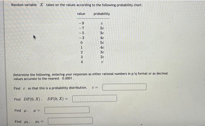 Solved Random variable x takes on the values according to | Chegg.com