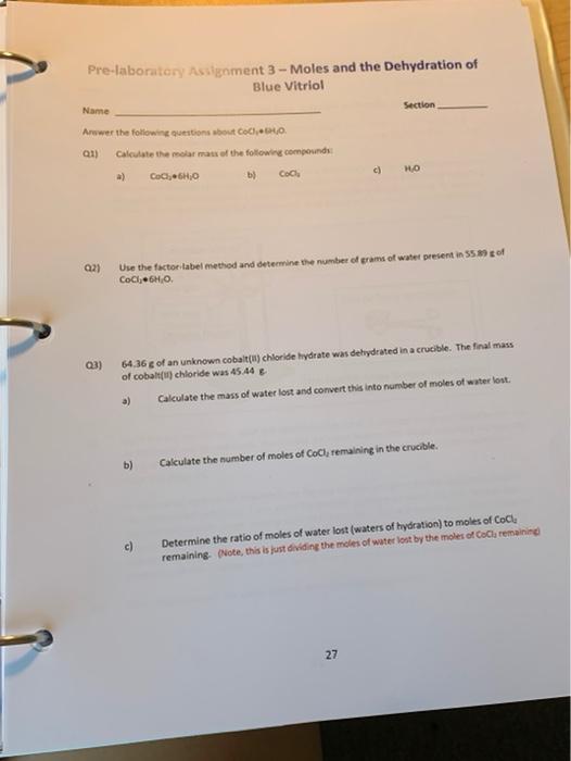 Solved Prelaboratory Assignment 3 Moles and the