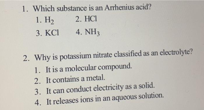 Solved 1. Which Substance Is An Arrhenius Acid? 1. H2 2. Hci | Chegg.com