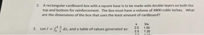 Solved 2. A rectangular cardboard box with a square base is | Chegg.com
