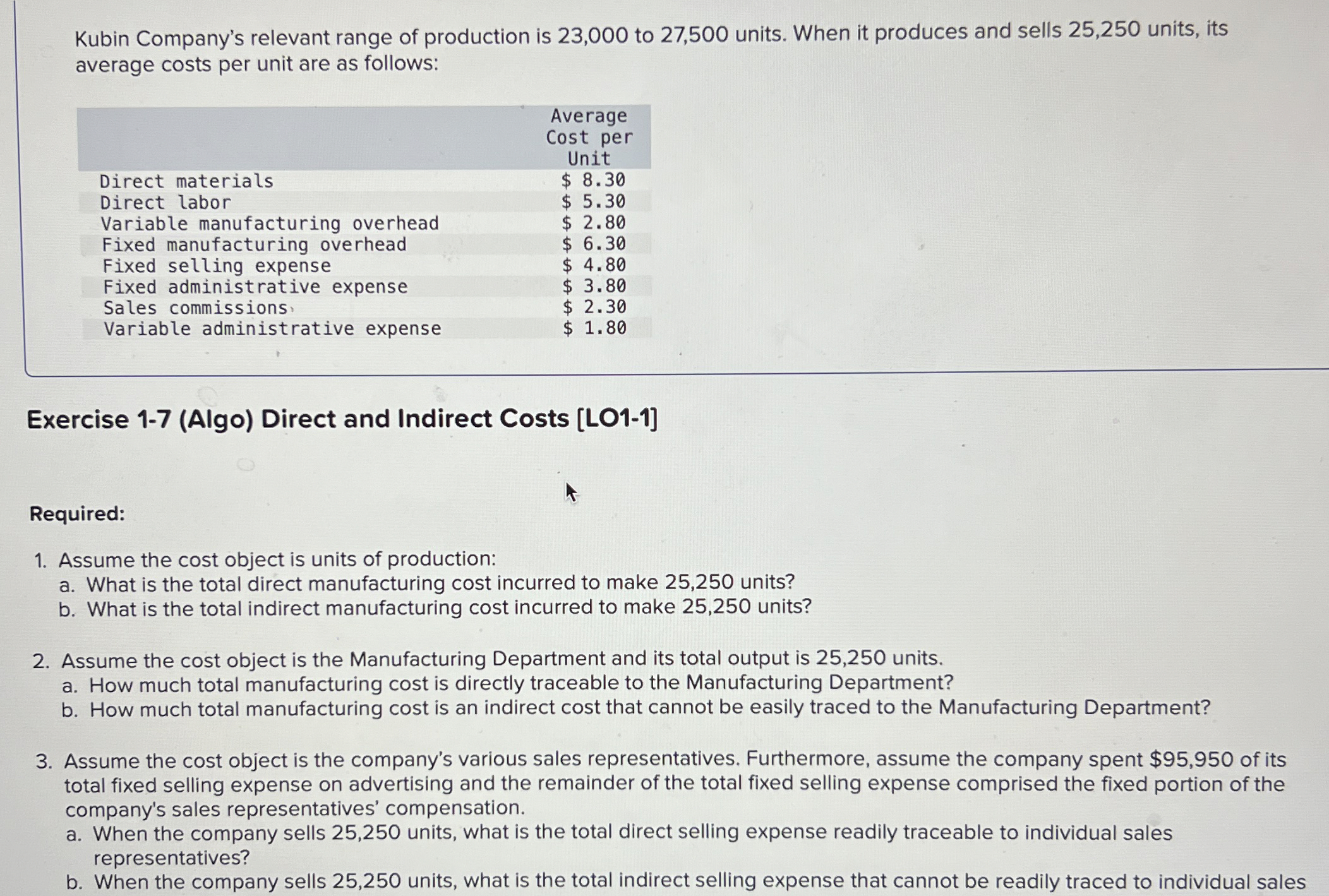 Solved Exercise 1-7 (Algo) ﻿Direct and Indirect Costs | Chegg.com