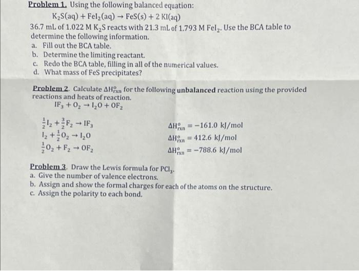 Solved - Problem 1. Using The Following Balanced Equation: | Chegg.com