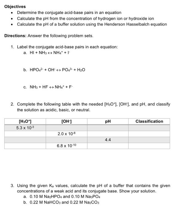 Solved Objectives • Determine the conjugate acid-base pairs | Chegg.com