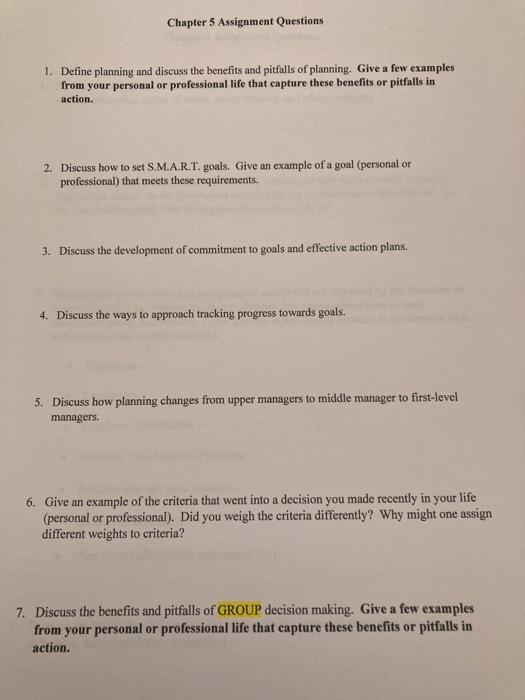 Solved Chapter 5 Assignment Questions 1. Define planning and | Chegg.com