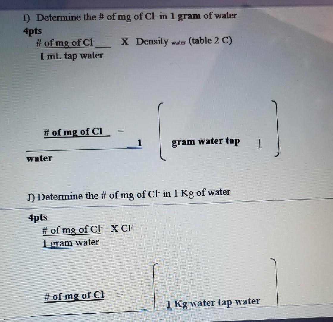Solved I Determine The Of Mg Of Cl In 1 Gram Of Water Chegg Com