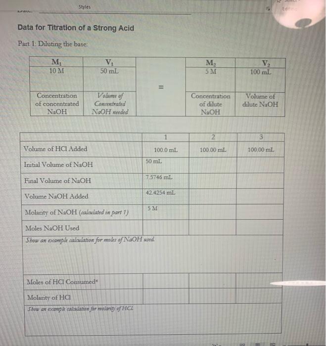 Solved Data for Titration of a Strong Acid Part 1: Diluting | Chegg.com