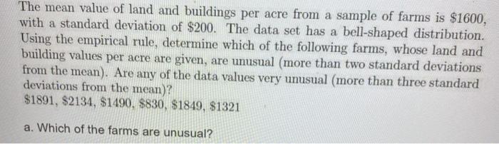 Solved The Mean Value Of Land And Buildings Per Acre From A 2932