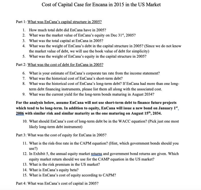 Solved Cost of Capital Case for Encana in 2015 in the US | Chegg.com