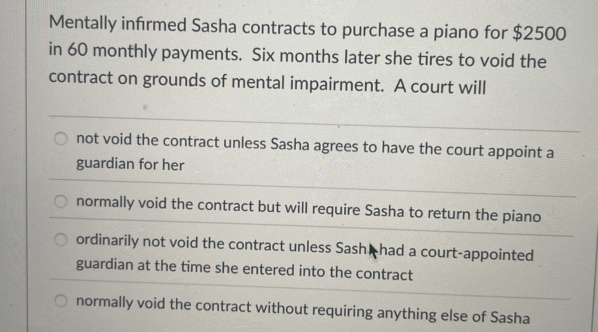 Solved Mentally infirmed Sasha contracts to purchase a piano | Chegg.com