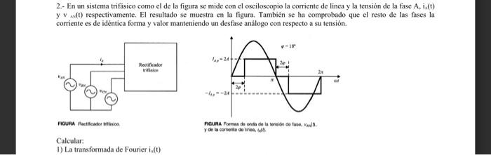 2.- En un sistema trifásico como el de la figura se mide con el osciloscopio la corriente de linea y la tensión de la fase A,