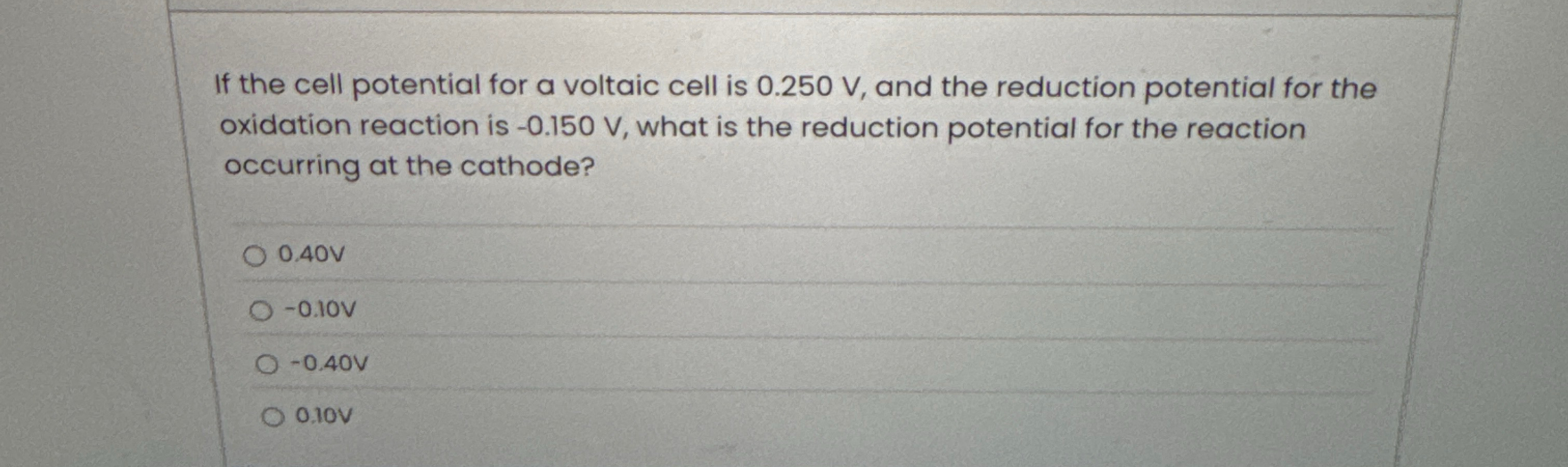Solved If the cell potential for a voltaic cell is 0.250 ﻿V | Chegg.com