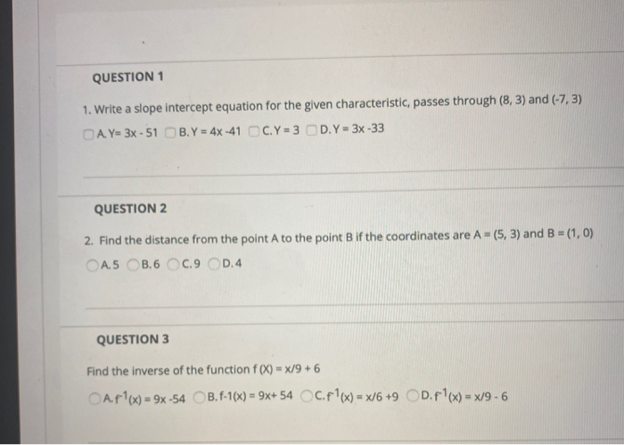 Solved QUESTION 1 1. Write a slope intercept equation for | Chegg.com