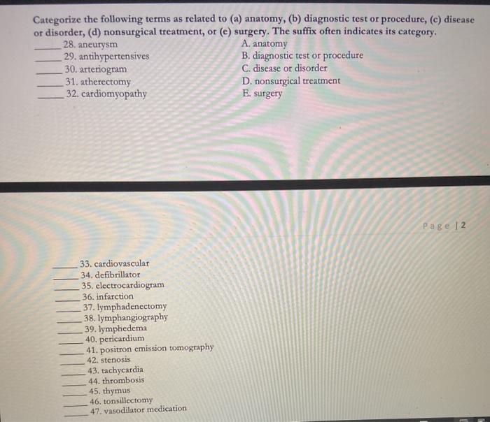 Categorize the following terms as related to (a) anatomy, (b) diagnostic test or procedure, (c) disease or disorder, (d) nons