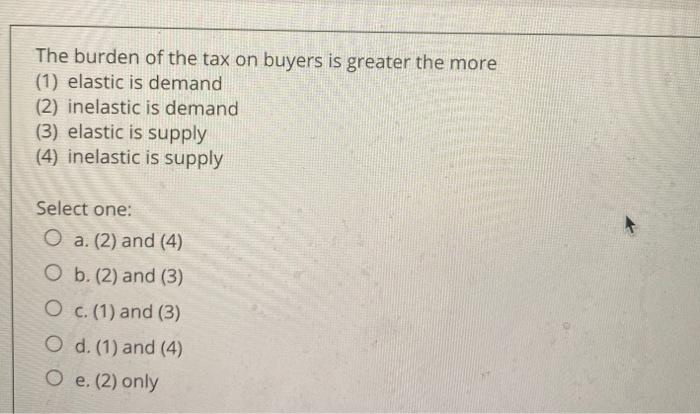 Solved The Burden Of The Tax On Buyers Is Greater The More | Chegg.com