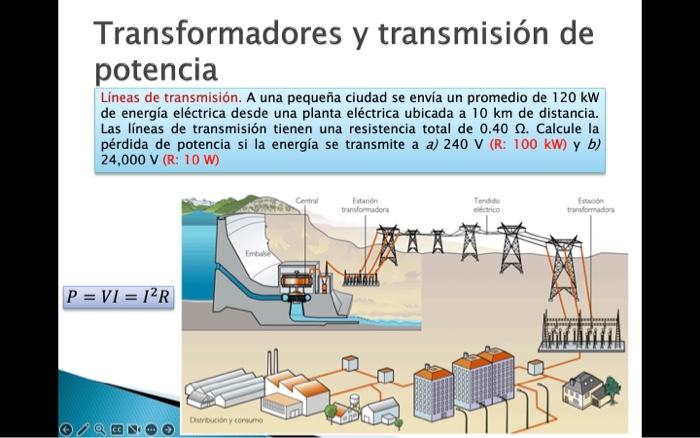 Transformadores y transmisión de potencia Lineas de transmisión. A una pequeña ciudad se envía un promedio de \( 120 \mathrm{