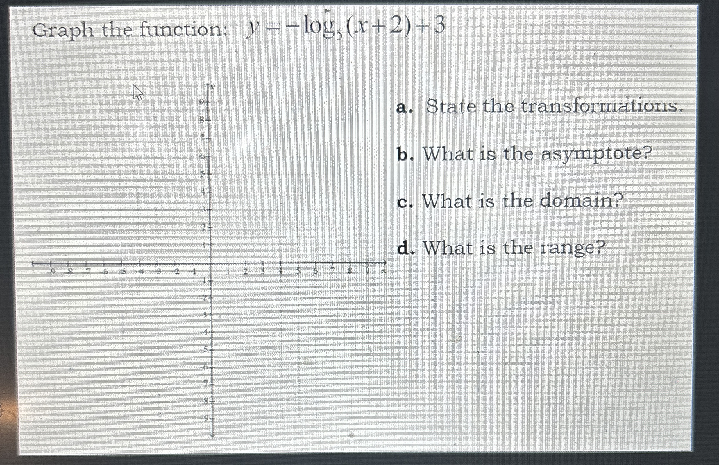 Solved Graph the function: y=-log5(x+2)+3a. ﻿State the | Chegg.com