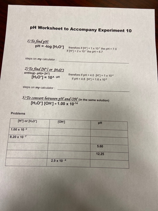 Solved PH Worksheet To Accompany Experiment 10 1 To Find PH Chegg