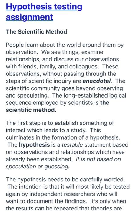 Solved Hypothesis Testing Assignment The Scientific Method | Chegg.com