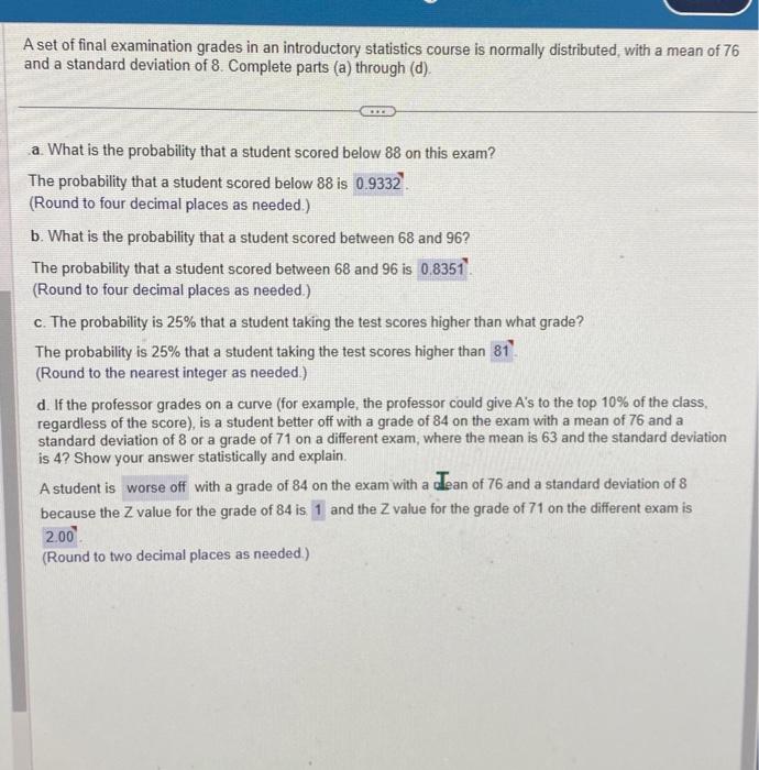 Solved A set of final examination grades in an introductory | Chegg.com