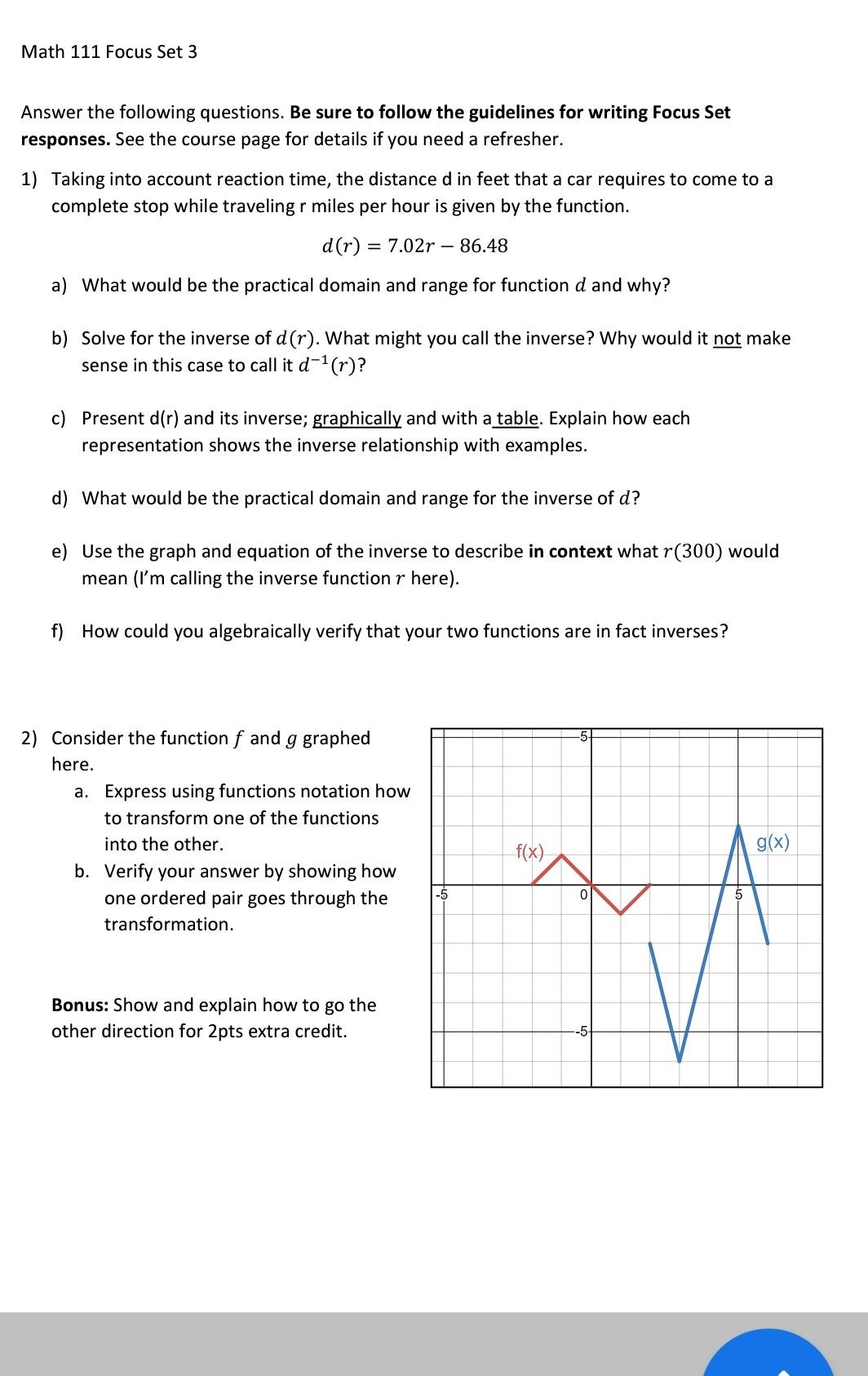 Solved Math 111 Focus Set 3 Answer the following questions. | Chegg.com