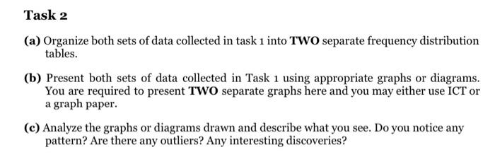 Solved Task 2 (a) Organize both sets of data collected in | Chegg.com