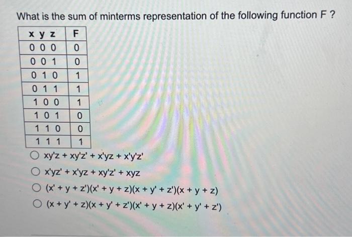 What is the sum of minterms representation of the following function F ? \[ \begin{array}{l} x y^{\prime} z+x y^{\prime} z^{\