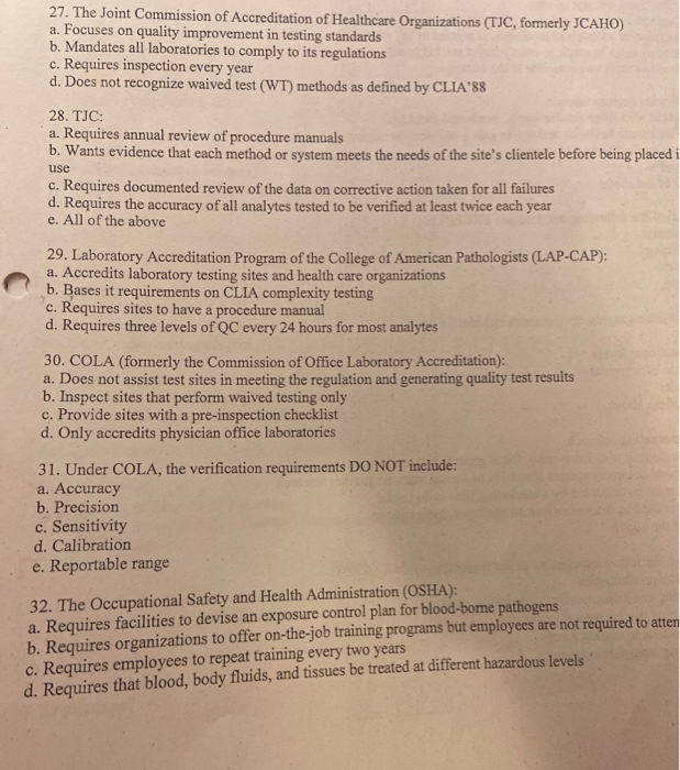 Solved 27. The Joint Commission of Accreditation of