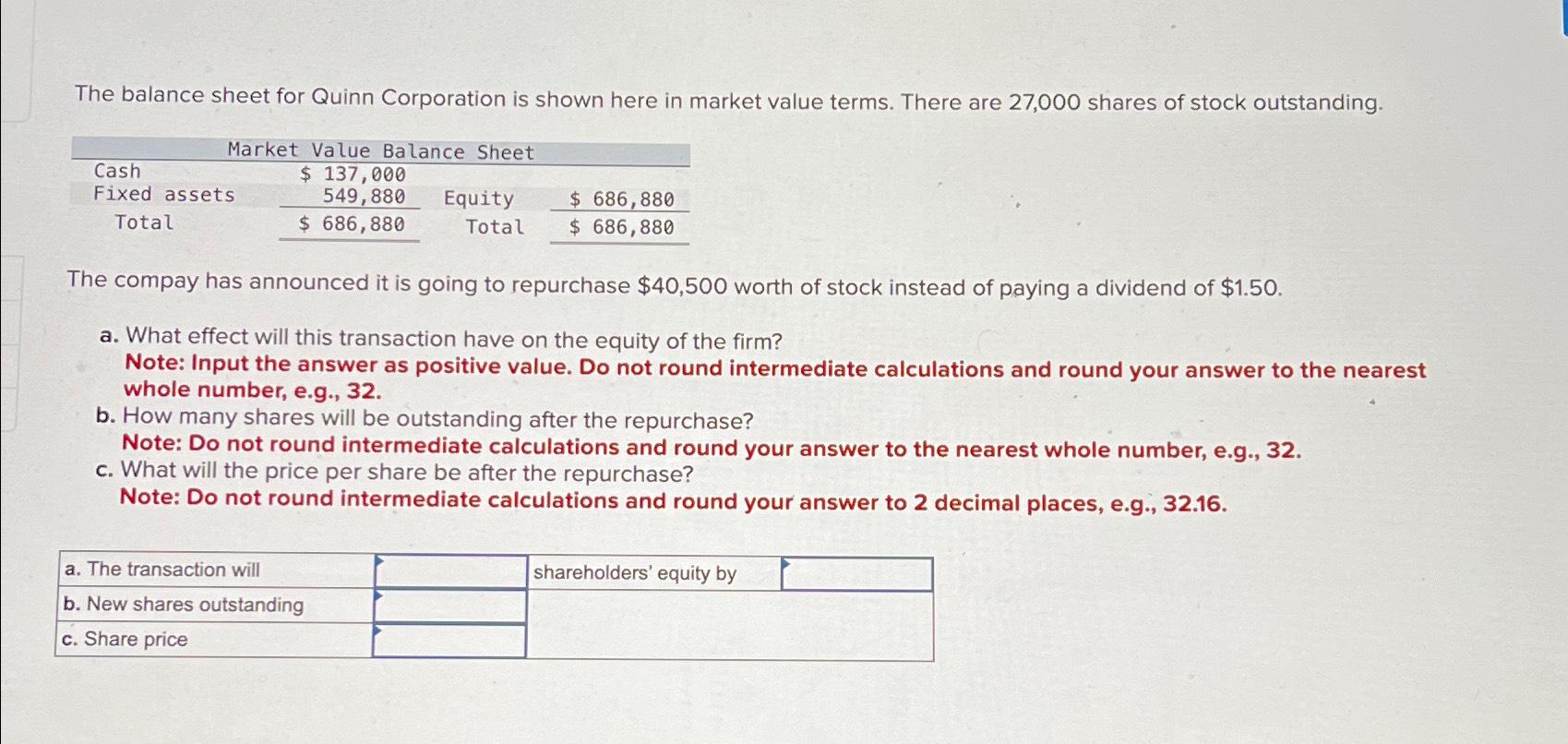 Solved The balance sheet for Quinn Corporation is shown here