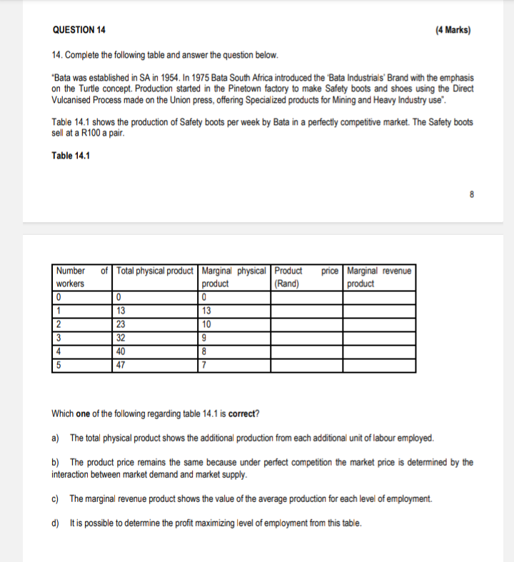 Solved 14. Complete the following table and answer the | Chegg.com