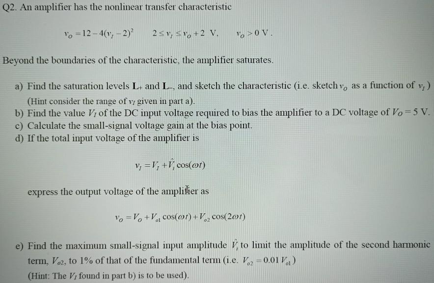 Solved Q2. An amplifier has the nonlinear transfer | Chegg.com