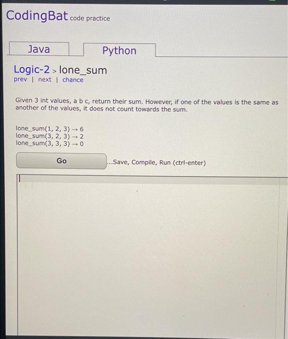 Solved CodingBat Code Practice Java Python Logic-2 > | Chegg.com