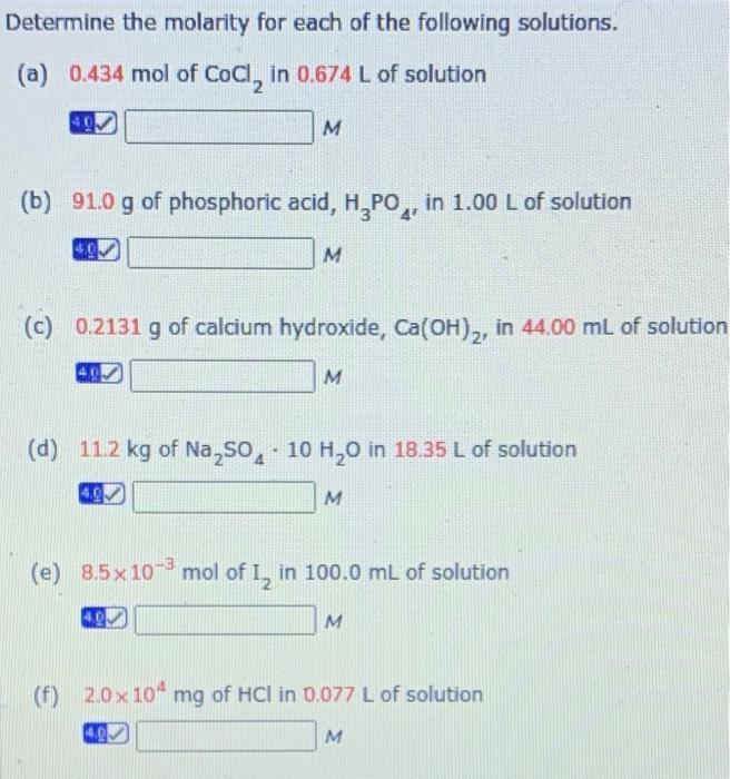 Solved Determine the molarity for each of the following | Chegg.com