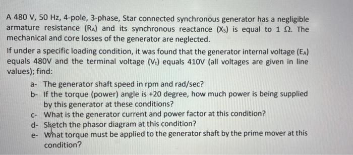 Solved A 480 V, 50 Hz, 4-pole, 3-phase, Star connected | Chegg.com