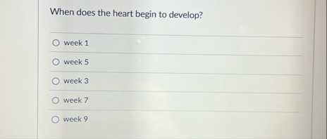 Solved When does the heart begin to develop?week 1week 5week | Chegg.com