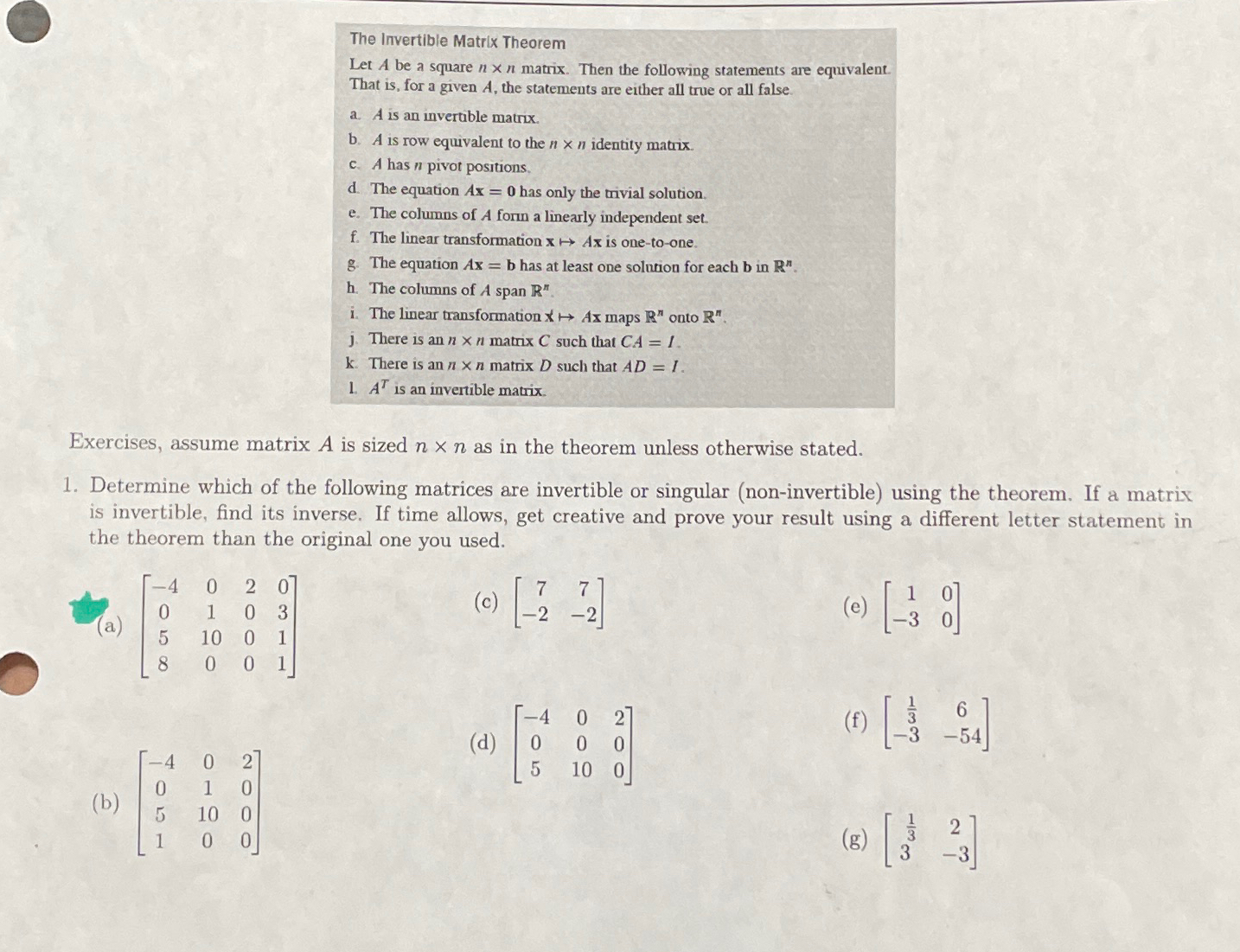 Solved The Invertible Matrix TheoremLet A ﻿be a square n×n | Chegg.com